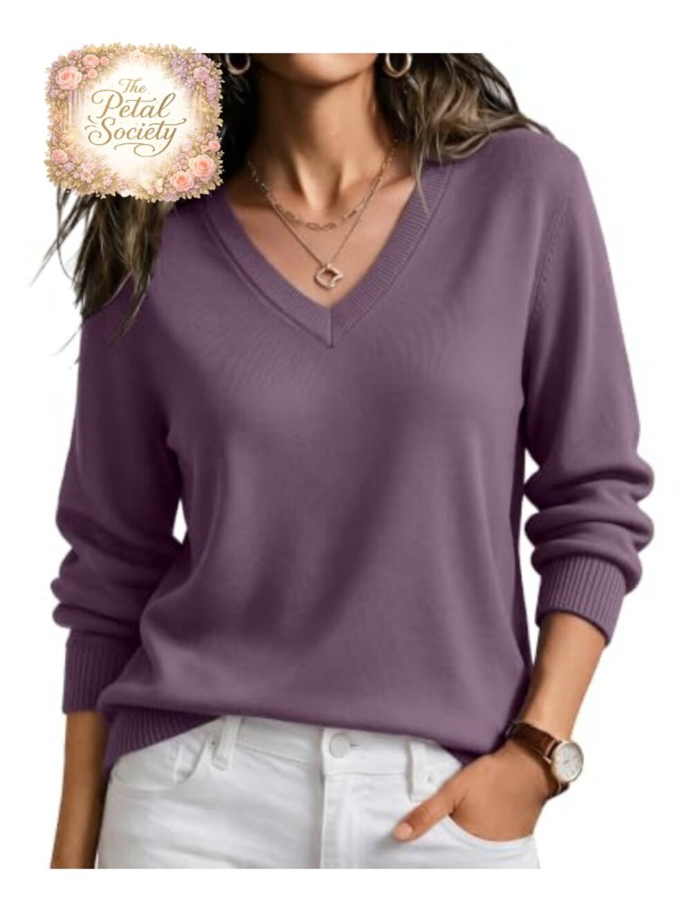 Women's V Neck Long Sleeve Lightweight Knit Pullover Sweater